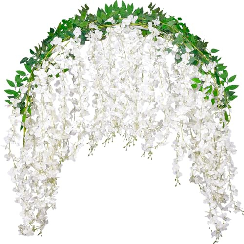 Fezaphy 30 Branches Wisteria Artificial Flower Garlands White Wisteria Hanging Flower Faux Vine Flowers for Wedding Arch Party Ceremony Wall Backdrop Decoration (2 Pack-6FT)