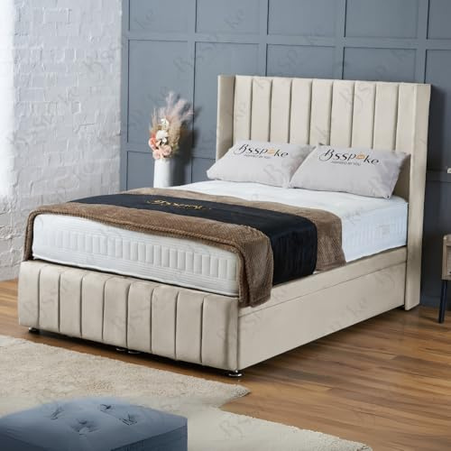 BSSPOKE Zoe Ottoman Storage Bed |Plush 54 Wing Panel Headboard | Divan Bed Gas Lift Frame Base End Lift Opening | Single, 4ft, Double, King (Cream (without Mattress), 4FT Small Double)