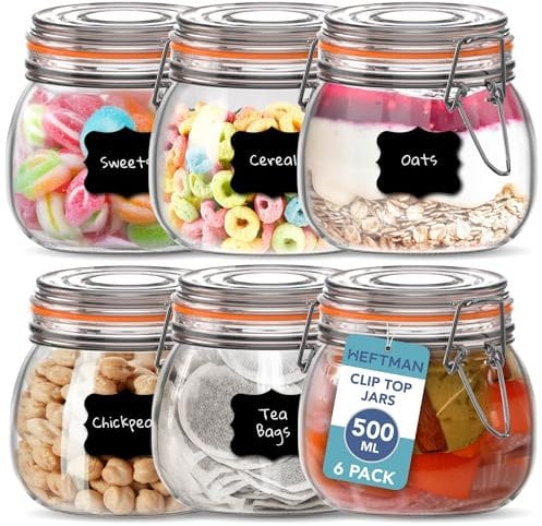 HEFTMAN Clip Top Glass Jars - Set of 6 500ml Airtight Glass Jars with Lids and Silicone Seal for Pasta, Sourdough Starter, Chutney, Pickling, Kitchen Organisation - Empty Food Storage Jar Set (6 Pack)