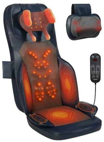 BWPIWPR Shiatsu Massage Cushion for Neck and Back with Heat - 4D Kneading, Vibration for Relief Muscle Tension, Dual-Neck Design, Adjustable Intensity and Height for Office Chair, Home Use, Navy Blue
