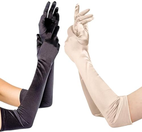 TENGWA 2 Paar Lange Handschuhe Satin Handschuhe Lang 55cm Elegant Audrey Hepburn 20er Jahre Accessoires Opernparty Karneval Hochzeit Braut Rollenspiel