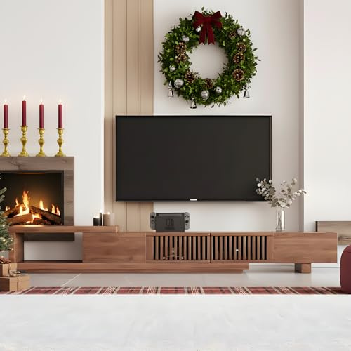 Cyclauricate Mid Century Modern Walnut TV Stand - Extendable Wooden Media Unit with Storage Drawers for 65-100 Inch TVs, Living Room TV Console & Entertainment Center (200-262cm Adjustable Length)