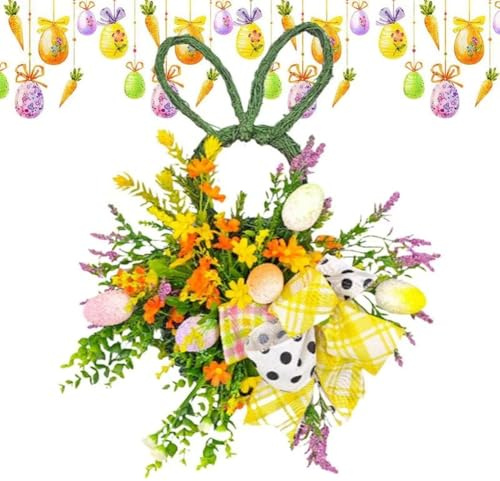 Bosiyrggrl Spring Easter Bunny Wreath Artificial Flower RabbitWreath with Eggs Rattan Spring Front Door Garland Rustic Handmade