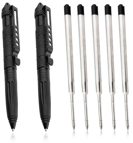 Lufdegim 2 Stück Tactical Pen mit 5 Tinten Nachfüllungen, Multitool Taktischer Kugelschreiber Outdoor Survival Gadget, für Schreiben, Geschenk und Emergent Tool Schwarz