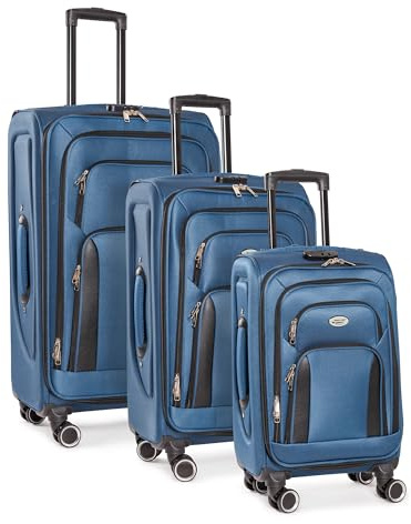 ESKASI Santorini Kofferset 3-teilig, Leichte Softshell-Koffer mit 4X 360° Doppelrollen, Schnellzugriffstaschen, sicherem Kombinationsschloss, strapazierfähig & flexibel, Teleskopgriff (Marineblau)