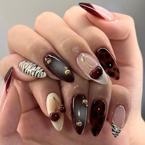Almond Press On Nails - 24pcs Short Medium Fake Nails With Cherry Zebra Print - Natural Oval Brown French Tip False Nails With Glue - Reusable Full Cover Acrylic Stick On Nails For Women Gift