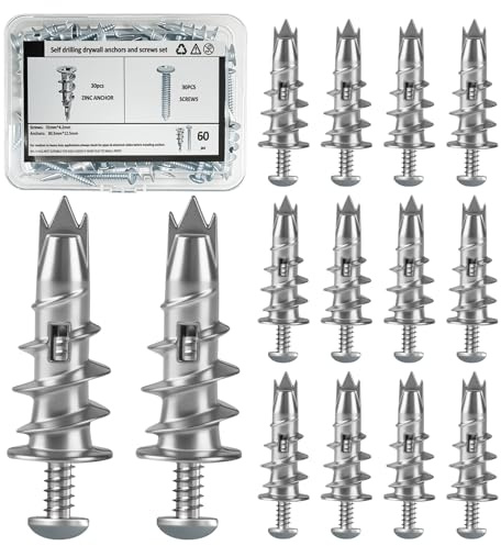 BIATOE Plasterboard Fixings, 60Pcs Heavy Duty Drywall Anchors with Screws | 30 Anchors + 30 Screws, For Plasterboard & Wooden Boards, Easy Self-Drilling Installation