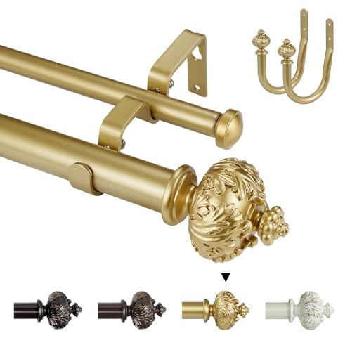 Double Curtain Rod with Albert Finials, 1 Inch Diameter, Adjustable Length 28-48, 48-84, 84-120 Inches (Gold(+Holdbacks), 71-121 cm)