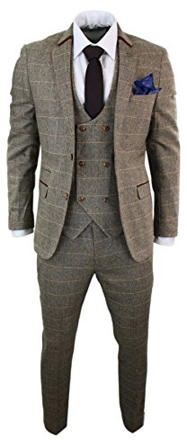 Costume homme 3 pièces tweed à chevrons marron clair à carreaux coupe ajustée gilet veston croisé