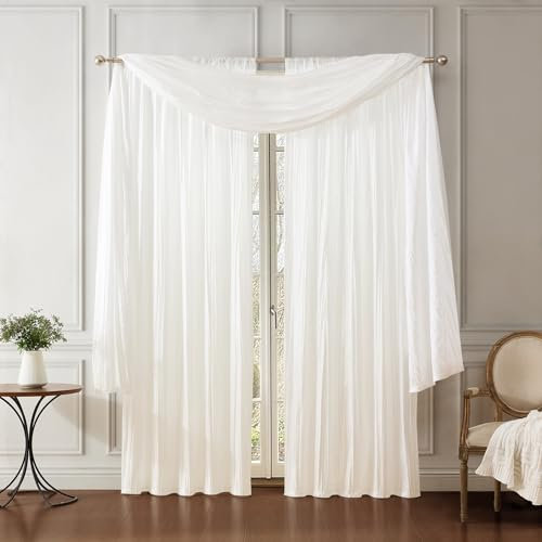 Elrene Home Fashions, Athena Gardinenset aus Kunstseide mit Knitteroptik, bestehend aus Vorhangpaneelen und Volant, 132 x 241 cm (2 Paneele) und 1 Volant, Weiß