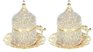 2 Count turco taza de café Set soportes de platillos decorado con cristales de Swarovski