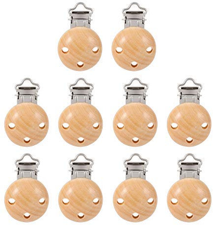 Schnuller Clip, KWOKWEI 10 Stücke Schnullerclips Set aus Holz und Eisen, 44mm Holz Schnullerketten Clips/Dummy Nippel Halter für Baby und Kind