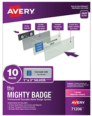 Avery 71206 Namensschilder The Mighty Badge 2,5 x 7,6 cm, silberfarben, 10 Ausweiskarten, 80 Einsätze für Laserdrucker