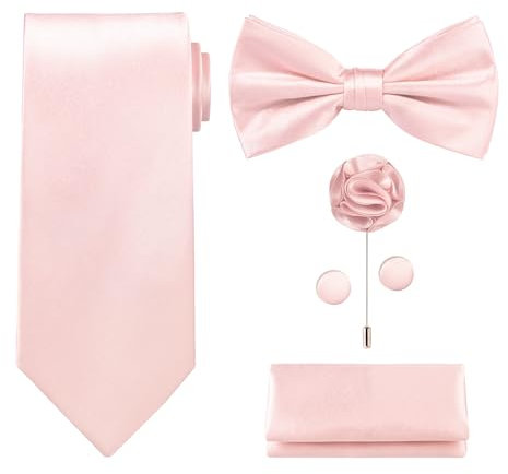 Tie G U Style - Hommes Ensemble de 5 cravates dans une boîte cadeau: Ensembles de cravates: cravate de couleur unie, noeud papillon en satin, pochette, revers, lien de poignets (A - rose pâle)