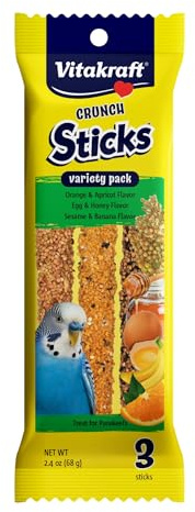 Vitakraft Crunch Sticks Variety Pack: Orange & Apricot Flavor, Egg & Honey Flavor, Sesame & Banana Flavor Treats for Parakeets, 2.4 oz