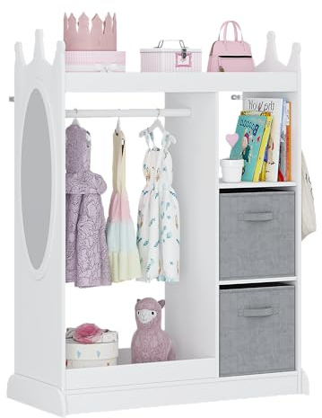 UTEX Kids Play Armoire with Mirror, Storage Bins and Closet for Dress Up and Costumes (White)