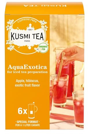 Kusmi Tea - AquaExotica - Infusion Glacée Bio - Mélange d'Hibiscus et de Pomme Aromatisé Fruits Exotiques - Etui 6 Grands Sachets - 48 gr