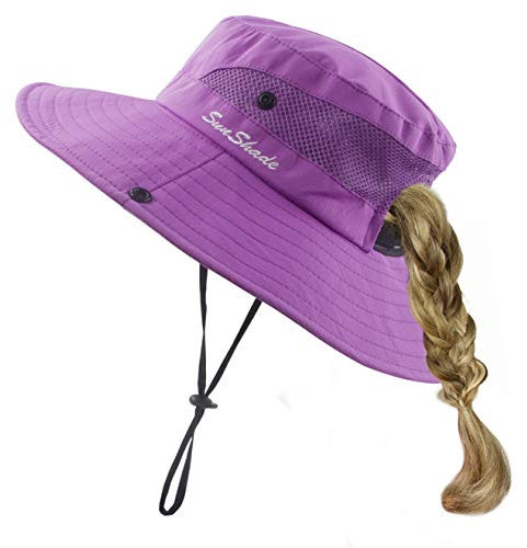 HGGE Sonnenhut für Kinder, Mädchen, UV-Schutz, breite Krempe, Strandkappe mit Pferdeschwanzloch - - Einheitsgröße