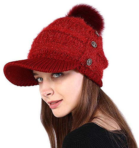 GUMONI Winter Warme Dick Schirmmütze Damen Fleece Gefüttert Bommelmütze Gestrickte Strick Mütze mit Groß Pompon 3 Knöpfe als Dekoration Rot