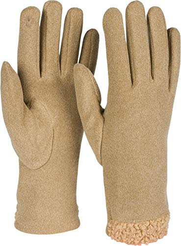 styleBREAKER Damen Touchscreen Handschuhe mit Teddyfell am Saum und Fleece Futter, warme Fingerhandschuhe, Winter 09010034, Farbe:Camel