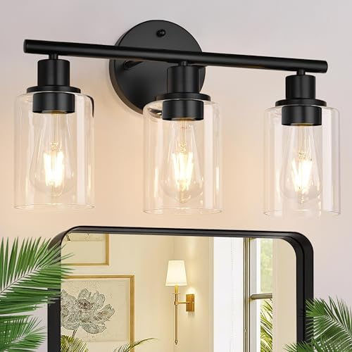 Zarbitta 3-Light Bathroom Light Fixtures, 17.23 Black Modern Vanity Lights with Clear Glass Shade, Bathroom Wall Lamp for Mirror Kitchen Living Room Hallway Cabinet Porch