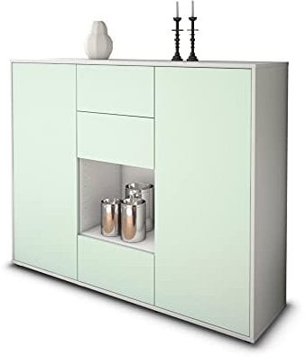 Stil.Zeit Highboard Kommode Nora, Korpus Weiss matt, Front Farb-Design Eisblau (136x108x35cm), Push-to-Open Technik & Leichtlaufschienen