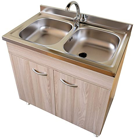 Yellowshop | Mobile cucina sottolavello a 2 ante cm 80 colore Olmo completo di lavello inox serie Basic (Versione 2 Vasche)