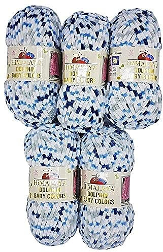 5 x 100 Gramm Strickwolle Himalaya Dolphin Baby Colours mehrfarbig, 500 Gramm Wolle super bulky (weiss blau dunkelblau 80411)