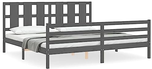 XHNIFBN Holzbett 200x200 Kiefer massiv grau Komfortables Massivholzbett mit Kopfteil Stabiler Lattenrost rustikales Design für Schlafzimmer und Gästezimmer