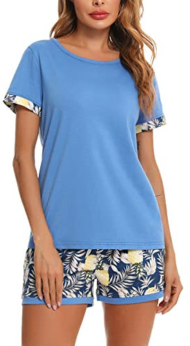 Aseniza Pigiama da Donna Pigiama Donna Estivo Corto in Cotone Comodo Pigiami Due Pezzi da Donna Stampa Set Pigiama Donna Pigiami Estivi Donna S-XXL(C-Blu Marino,M)