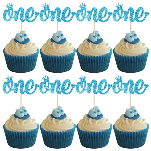 Gyufise 24 Pack One Cupcake Toppers Blue Glitter Baby First Birthday Party Cupcake Food Picks Decorations for Baby Shower Boys Girls Kids 1st Birthday Party Cake Decorations Supplies