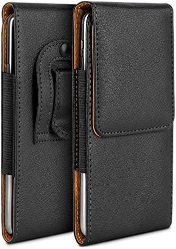 MoEx Plug Case Compatible with Apple iPhone 13 Mini Case with Belt Clip, Mobile Phone Belt Pouch Made of Vegan Leather, Mobile Phone Case for Pushing, Foldable Flip Case - Black