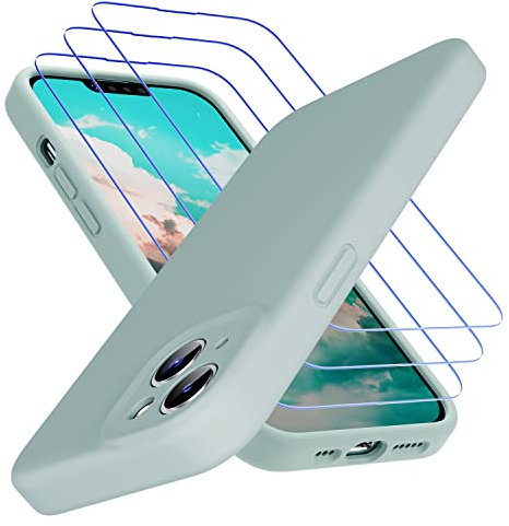 Uluck iPhone 14 Hülle+Panzerglas Set [1 Handyhülle+ 3 Panzerglas] Flüssigsilikon Handyhülle mit 9H Displayschutzfolie Kompatibel mit iPhone 14(6,1 Zoll)-hell Cyan