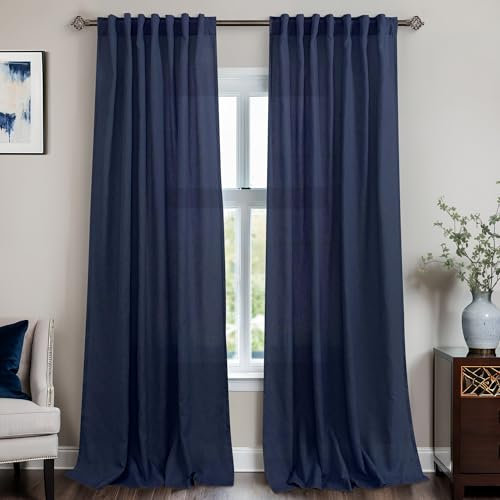 Blaue Vorhänge für Wohnzimmer, 274 cm lang, mit Rücklasche, lichtfilterend, halbtransparent, Leinen-Vorhang, 274 cm Länge, für Esszimmer, Schlafzimmer, hohe Decke, Balkon, Set mit 2 Paneelen, 2,7 m,