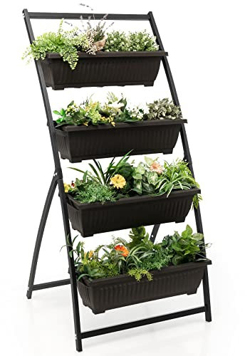TANGZON 4-Tier Vertical Raised Garden Bed, Elevated Herb Flower Planting Growing Box with 4 Drainage Holes, Indoor Outdoor Elevated Ladder Planter for Patio Balcony Yard (76 x 78 x 163cm)