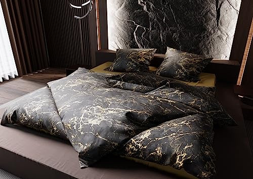Bettwaesche-mit-Stil Mako Satin Bettwäsche Marmor schwarz/Gold (Garnitur 155x200 + 80x80)