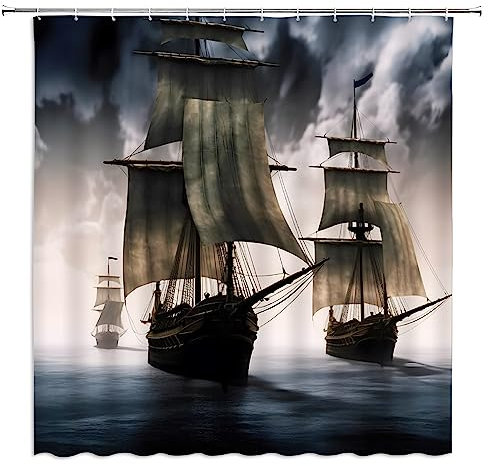 ZWSMZW Pirate Ship Shower Curtain Nautical Sailboat Vintage Sailing Fantasy Ocean Ghost Boat Cloudy Sky Blue Bathroom Decor Fabric Curtains with Hooks