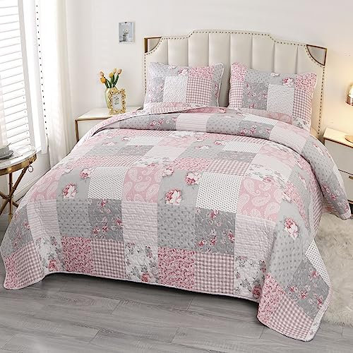 Pink Plaid Patchwork Quilt Set Extra Breit Super King Size Floral R- Gesteppte Tagesdecken-Set 3-teilig Grau Gitter Blumen Leichte Bettdecke Set Bettbezug mit 2 Kissenbezügen
