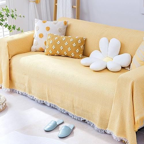 Sofa Bezug 90x210cm, Einfarbiges Gitter mit Quasten Sofabezug 2 Sitzer Sofabezug Waschbar Gelb Sofa Überzug für Wohnlandschaft