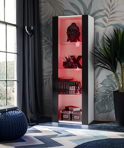Komodee Vitrine Schrank Tivoli, Schwarz/Weiß, Breite 55cm x Höhe 159cm x Tiefe 35cm, LED RGB, 3 Regalböden, für Wohnzimmer, Schlafzimmer, Eingang