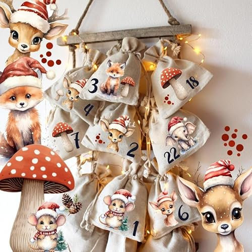 Adventskalender A3 und A4 Bügelbilder Patches Tiere mit Mütze Winter Weihnachten Weihnachtsmotive zum Aufbügeln ad08 - ausgewählte Größe: *A3 Einzelmotivgröße ca. 6,7cm*
