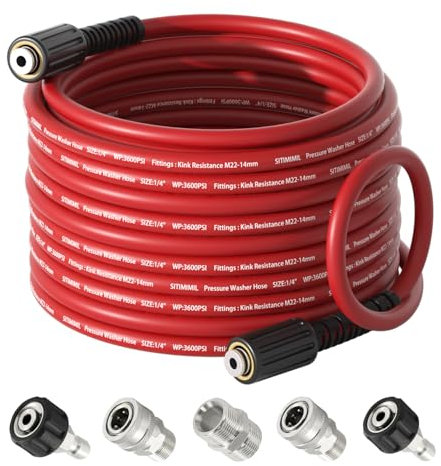 SITIMIMIL 1/4*50FT Pressure Washer Hose,Kink-Free with M22-14mm Stainless Steel Thread Power Washer Hose,Stainless Steel Adapter Set(5-piece),Suitable for Ryobi,Troy Bilt,Greenworks,Simpson(3600PSI)