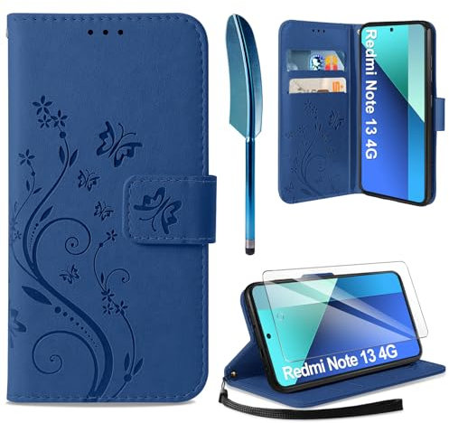 AROYI Lederhülle Kompatibel mit Xiaomi Redmi Note 13 4G(Nicht für 5G)Hülle und Schutzfolie,Wallet Handyhülle Leder Tasche Kartensteckplätzen Schutzhülle Kompatibel mit Xiaomi Redmi Note 13 Dunkel Blau