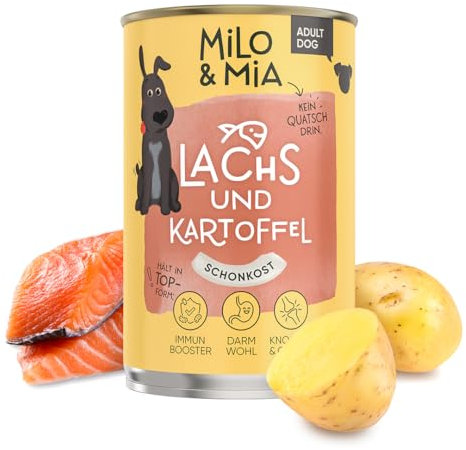 Milo & Mia - Schonkost für Hunde Nassfutter, magenschonendes Hundefutter für Hunde mit Magen-Darm-Problemen, weizenfreies Monoprotein Nassfutter mit frischen Zutaten: Lachs & Kartoffel (6x400g)