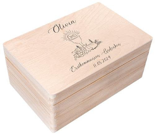 Creative Deco Personalisiert Kommunion/Jugendweihe Geschenke für Mädchen und Jungen - Holzkiste | Kelch Motiv | Individuelle Geschenk Erinnerungsbox | Erstkommunion Deko