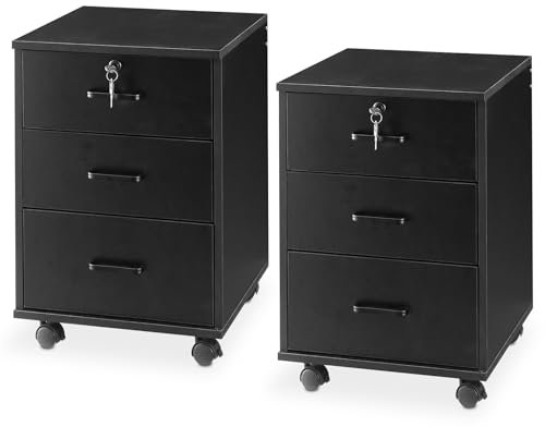 TUKAILAI Rollcontainer Abschließbar mit 3 Schubladen, Aktenschrank unter Schreibtisch, Büroschrank mit Rollen, Dokumente in DIN-A4, Legal, Letter-Format, Büromöbel, Büro,2 Stück,Schwarz