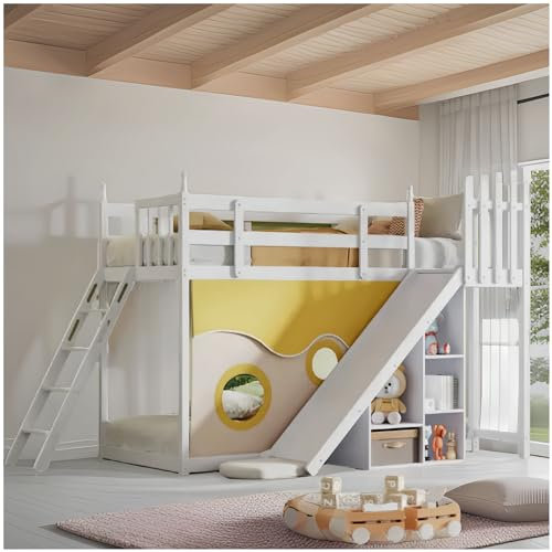 Racxily Litera de 90 x 200 cm, cama para niños con escaleras y vallas, con tienda de cama, tobogán y estante, estructura de pino, color blanco