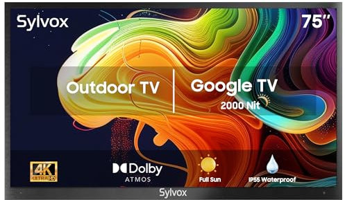SYLVOX 75 Televisor de Exterior | 4K UHD, 2000 Nits | Google TV, Dolby Atmos | DVB-T2/S2/C HEVC 10, HBBTV, WiFi, IP55 Resistente Outdoor TV al Agua para Jardín, Terraza & Piscina | Pool Pro 2.0