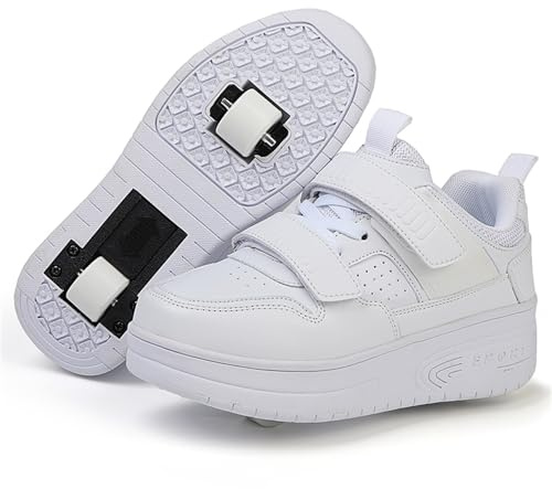 Schuhe mit Rollen für mädchen Jungen Einzelrad/Doppelrad Verstellbare Rollschuhe Schuhe Einziehbar Turnschuhe mit Rollen für Kinder Roller Skate Shoes für Outdoor-Sportarten,Weiß,38EU