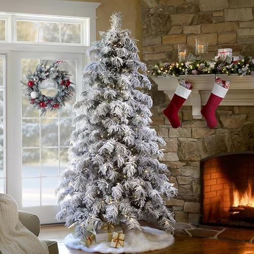 Best Artificial 7ft Arbol Christmas Tree Pre Lit with 1.5cm Pearl Led Lights & Extra Large Heavy Snow Flocked Down Sweeping Hinged Branches.